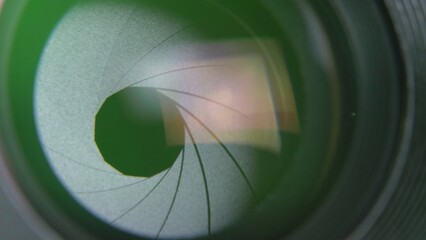 Detail of camera lens iris blades smoothly opening