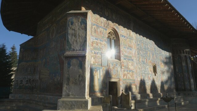 The medieval famous Voronet Monastery in Bukovina with its blue painted walls