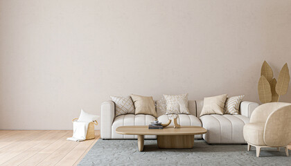 Interior living room, empty wall mockup in white room with wooden furniture and, 3d render
