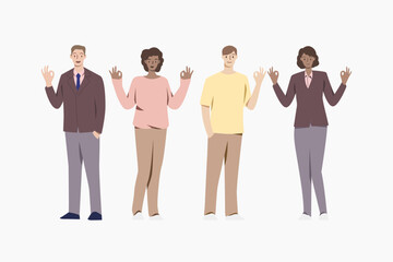 Set of people showing OK sign.Happy people gesturing.Happiness Emotions, Body Language. People Showing Positive Gestures.Vector character illustration.