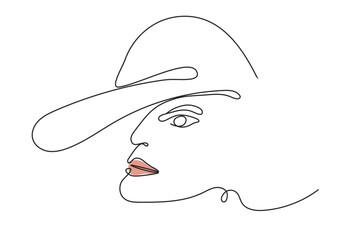 Elegant one-line sketch of a female abstract face. Drawing of a woman face in a minimalist style. Fashionable illustration for print cosmetics, postcard, banner. Continuous line Art. fashion, beauty 