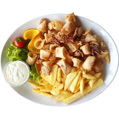Fried Calamari with French fries, tartar sauce and salad, served on a plate