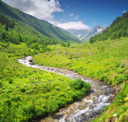 Fototapeta na wymiar River panorama in mountain valley.