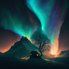 Aurora Borealis Landscape, Winter Iceland, Generative ai
