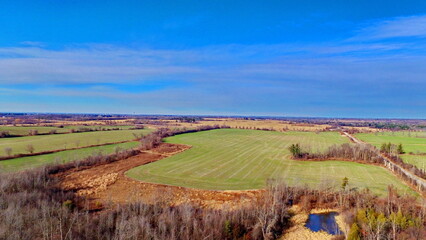 Fototapeta na wymiar Aerial view of farmland in the Duffins Rouge Agricultural Preserve in the Greenbelt, Durham County, Ontario, Canada.