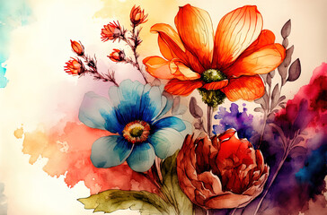 Naklejka na ściany i meble Valentine's day art. Technicolor flowers. Watercolor. Generative AI.