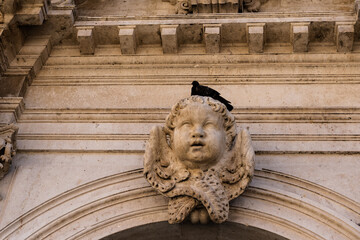 Stone figure on the St. Blaise church and a dove on it. Dubrovnik, Croatia.