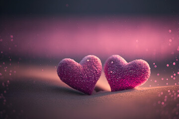Fototapeta premium Two pink heart on sunset beach with bokeh light background. Love valentine and nature concept. Generative AI