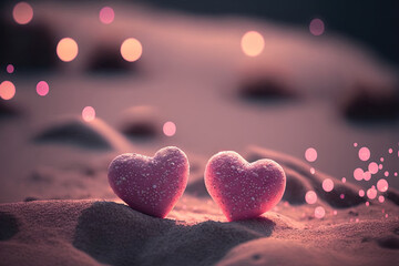 Two pink heart on sunset beach with bokeh light background. Love valentine and nature concept. Generative AI