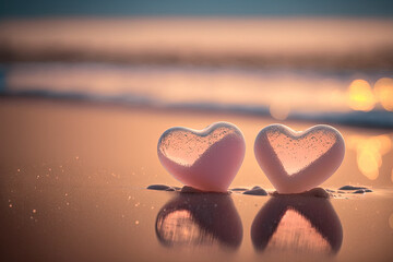 Two pink heart on sunset beach with bokeh light background. Love valentine and nature concept. Generative AI