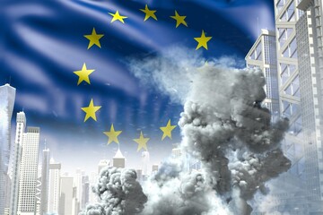 huge smoke pillar in abstract city - concept of industrial disaster or act of terror on European Union flag background, industrial 3D illustration