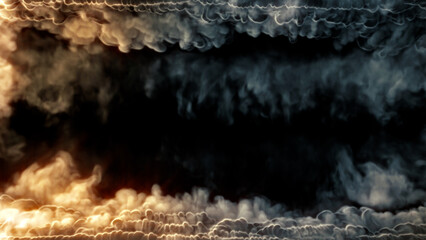 Top - bottom frame of dense blue smoke and fire, isolated - abstract 3D illustration