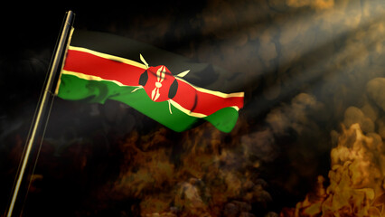 bokeh Kenya flag on smoke with sun beams background - cataclysm concept - abstract 3D rendering