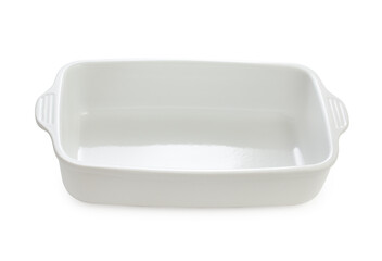 Empty ceramic rectangular baking dish isolated on white background