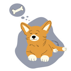 Corgi breed dog in cartoon funny flat style. simple colored black strokes Cute character lying puppy, big meat bone, pet isolated on white background