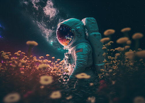 astronaut between flowers in the night created with Generative AI technology