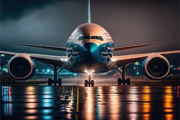  a large jetliner sitting on top of an airport tarmac at night with lights on it's wings and a reflection in the water below it's surface, with a dark sky., generative ai