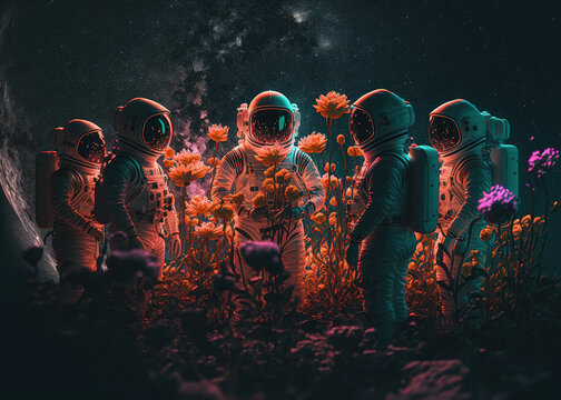 some astronauts between flowers created with Generative AI technology