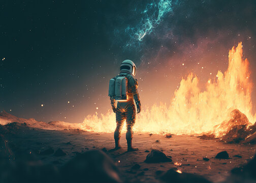 astronaut looking into the fire created with Generative AI technology