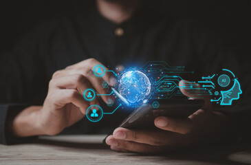 Digital data mining and machine learning technology design for computer brain.Human hand holding a neural network brain of AI on learning analysis information big data.