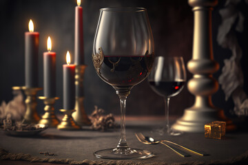 A glass of red wine placed on the wooden table with candle lighting as background. Generative Ai image.