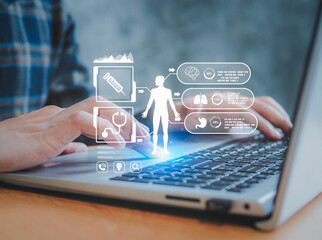 Health Check with digital system support for patient with medical icon, Medical network technology concept.Online medical communication with patient on virtual interface.