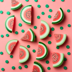 attern with ripe watermelon on pink background. Top View. Copy Space. Pop art design, creative summer concept