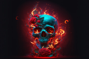 Scary love, Human skull and roses with fire flames Illustration for Valentine's Day or halloween, Generative AI.