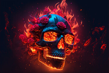Scary love, Human skull and roses with fire flames Illustration for Valentine's Day or halloween, Generative AI.