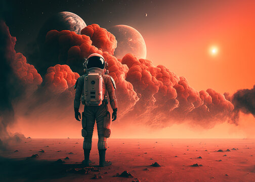 astronaut with red smoke created with Generative AI technology