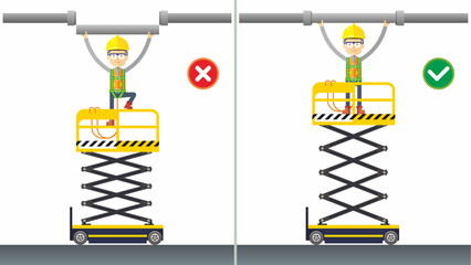 Workplace safety do's and dont's vector illustration. Worker stand on the railing. Overreach. Working with scissor lift for connecting pipe. Unsafe work condition and act. - obrazy, fototapety, plakaty