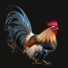 Fototapeta premium Colorful beautiful rooster with fantasy coloring, generative AI, chicken hen, bird, farm