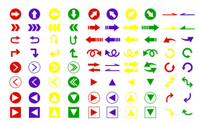 様々なデザインの矢印アイコンセット　シンプル　原色　カラフル