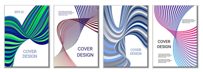 A set of 4 abstract covers. Wavy parallel gradient lines, ribbons evolve. Cover design, background. Trendy banner, poster.