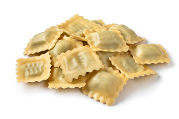 Heap of  traditional fresh Italian raviolini stuffed with Basilicum and Provolone isolated on white background