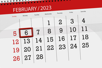 Calendar 2023, deadline, day, month, page, organizer, date, february, monday, number 6