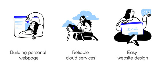 Programming Illustration Set. Different characters working on web and application development on computers. Software developers. Visual stroies collection