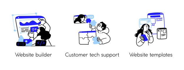 Programming Illustration Set. Different characters working on web and application development on computers. Software developers. Visual stroies collection