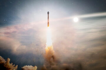 Shuttle launch in the clouds to outer space. Dark space with stars on background.Spaceship flight....