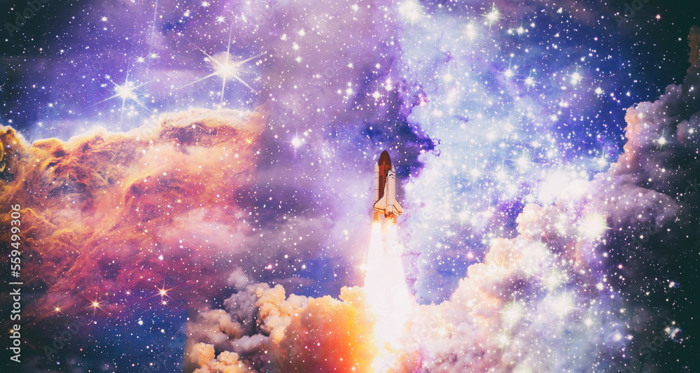 Wall mural rockets launch into space on the starry sky. spacecraft flies into space with clouds of smoke. eleme