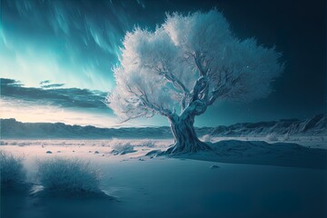 Lonely frozen tree with white leafs standing in winter landscape. Generative AI.