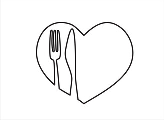 One single line drawing of  fork spoon and heart icon. food restaurant sign. love food symbol