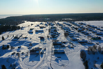 wooden church winter top view, landscape russian north architecture