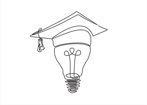 One single line drawing of bright lightbulb wearing graduation cap identity. Academy logotype icon template concept. Continuous line draw design graphic vector illustration