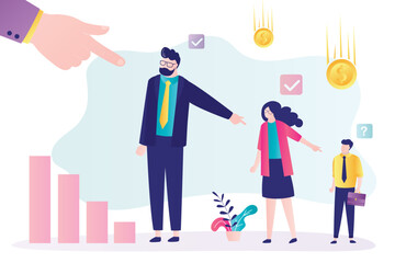 Hands point to bankrupt businessman kneeling. Company went bankrupt due to economic crisis