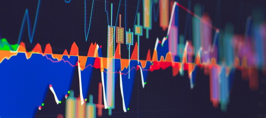 Charts of financial instruments for technical analysis. Stock trading market background as concept.