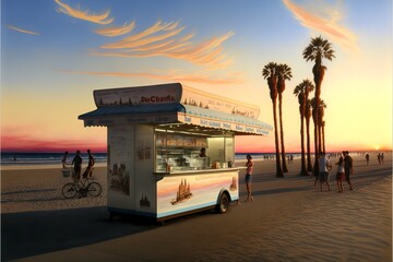 Ice cream kiosk in the beach exterior and palm trees illustration 