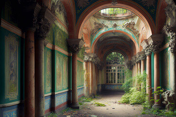 old forgotten orphanage, inside a abandoned building, lost places interior, digital illustration,fictional architecture made with generative ai - obrazy, fototapety, plakaty