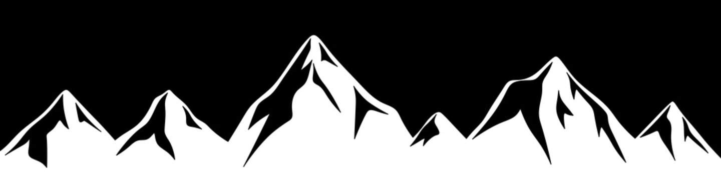 Drawn mountains on a black background. Mountain peaks. Black and white illustration of mountain travel.