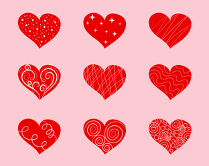Hand drawn collection of cute textured hearts. Isolated design element on  pink background. For the design of  festive cover, pattern, postcard, post, congratulation.